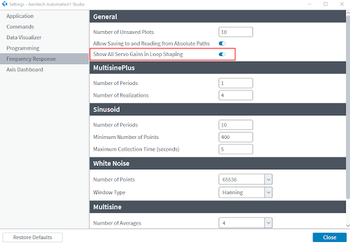 Screenshot that shows settings for the Frequency Response module