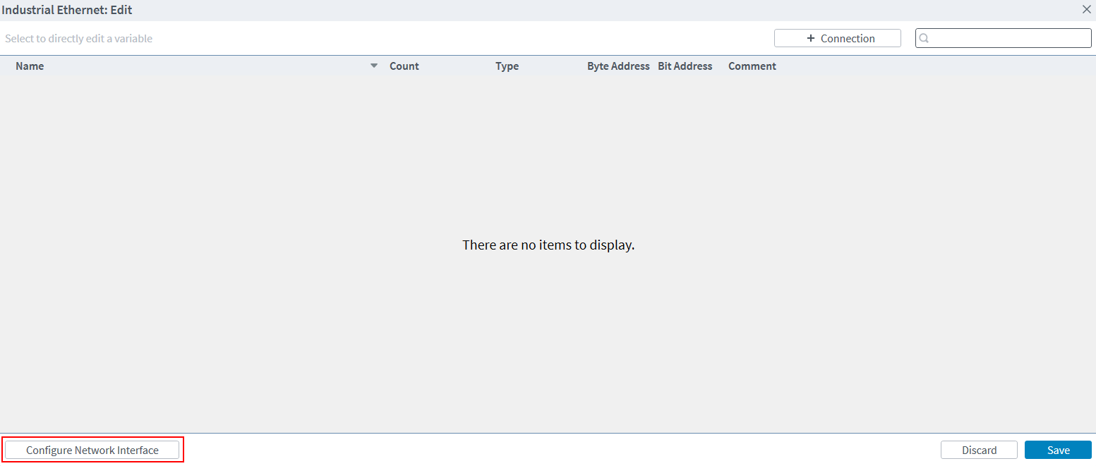 Screenshot of Industrial Ethernet Edit window, showing the Configure Network Interface button on the bottom left-hand corner