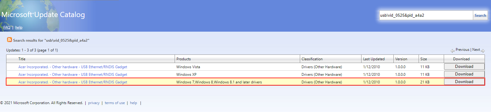 Microsoft Update Catalog shows the Acer Incorporated driver download for Windows 7, Windows 8, Windows 8.1, and later drives.