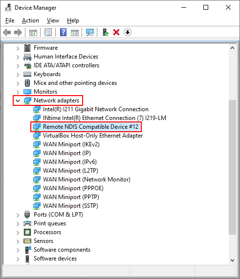 Device Manager shows Remote NDIS compatible device.