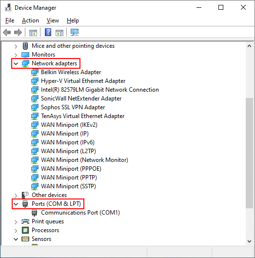 Device Manager shows network adapters and ports.