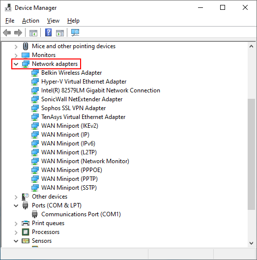 Device Manager shows network adapters.