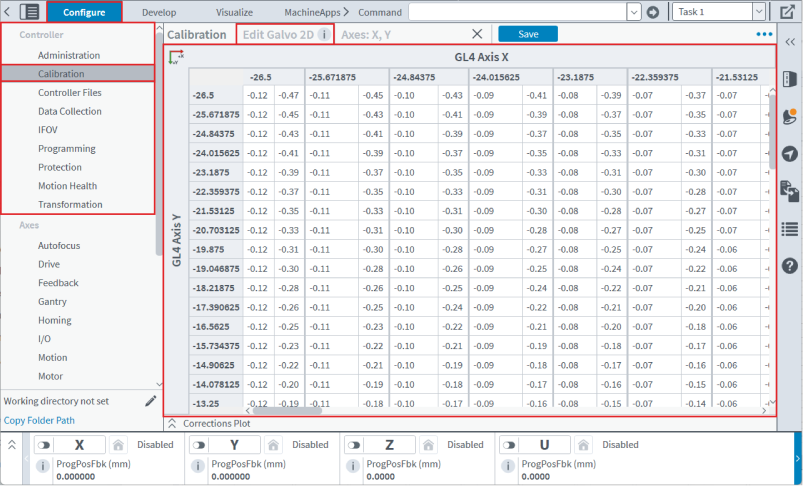 A resized and interpolated calibration table shows the increased Sample Counts for the X and Y axes.