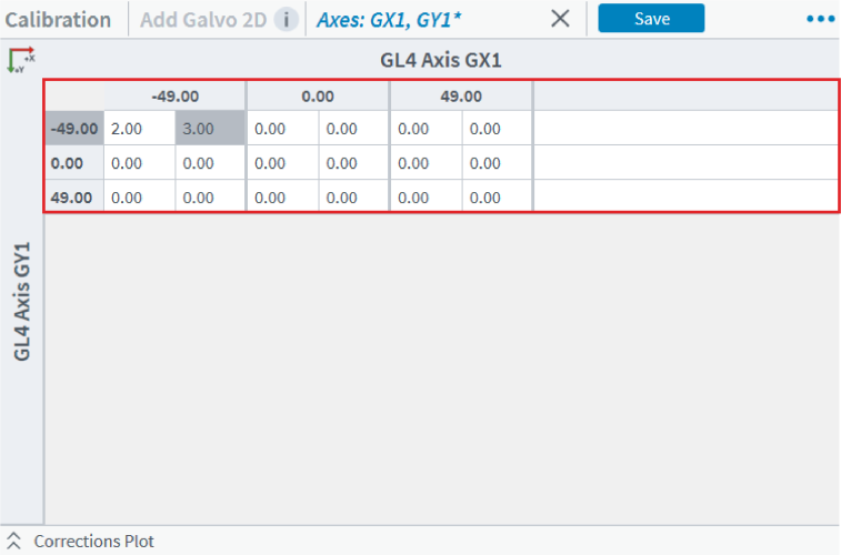 3 by 3 calibration table for the GX1 and GY1 axes of the GL4 where you enter correction values.