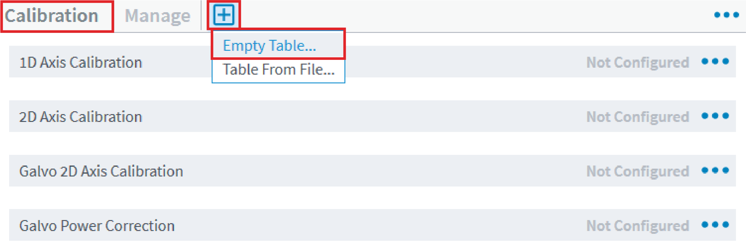 In the Calibration module of the Configure workspace, click the plus button to create a calibration table from an empty table.