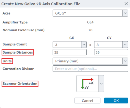 The Create New Galvo 2D Axis Calibration File dialog lets you specify Axes, Sample Count, Sample Distances, Units, Correction Divisor, and the Scanner Orientation. It also shows the specified Amplifier Type and Nominal Field Size.