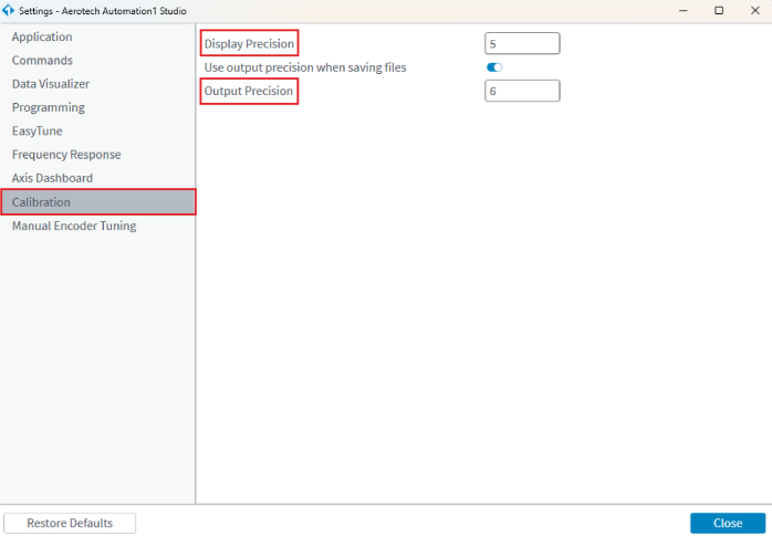 Calibration settings in Automation1 Studio where you can specify Display Precision and Output Precision for a calibration table.